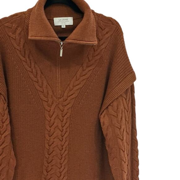La Ligne Cable Bastien Sweater Rust Brown Merino Wool Half Zip Size XL Soft - Picture 6 of 14